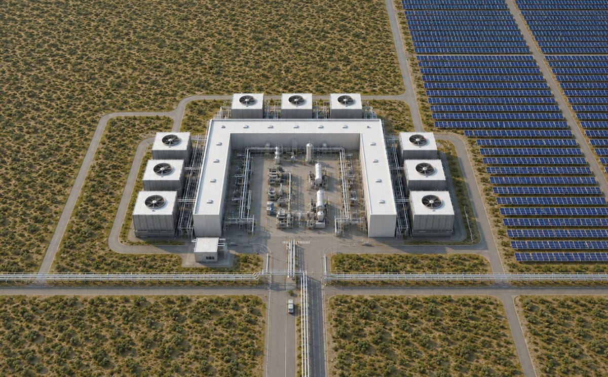 Render of the first Brineworks commercial DAC plant next to a solar farm